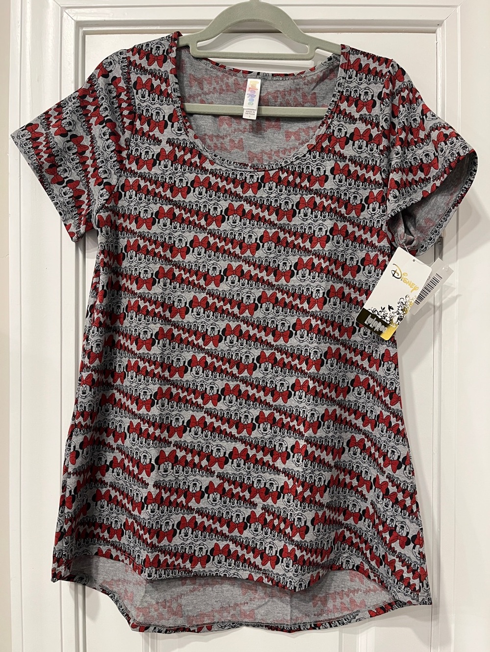 LuLaRoeDisney Gray Tee with Red Minnie Bow Print NWT